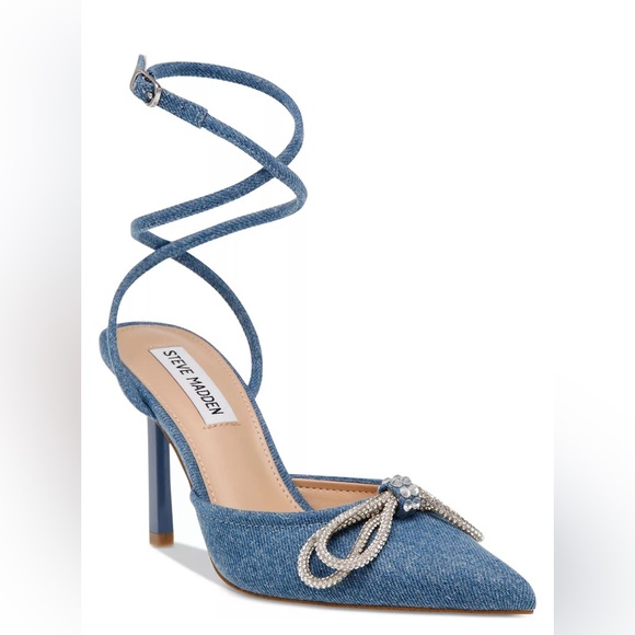 STEVE MADDEN Sherise Rhinestone Bow Ankle-Strap Pointed-Toe Pumps denim size 7M - Picture 1 of 6